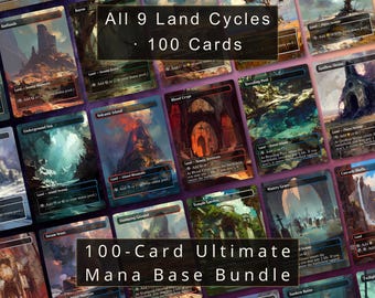 May include: A collection of 100 Magic: The Gathering trading cards featuring all 9 land cycles with full-art illustrations. The cards display various landscapes including volcanoes, swamps, and ruins. Text overlays read All 9 Land Cycles 100 Cards and 100-Card Ultimate Mana Base Bundle.