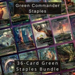 May include: A collection of 36 green-themed trading cards featuring various fantasy illustrations, including creatures and landscapes. The cards are arranged in a grid pattern with text overlays reading Green Commander Staples and 36-Card Green Staples Bundle.