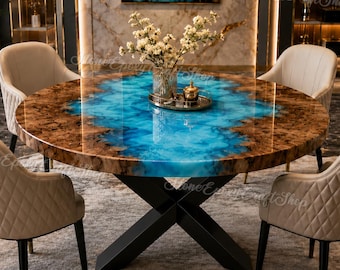 Luxury Round Epoxy River Table | Live Edge Burl Wood Dining Table | Blue Ocean Resin Table | Custom Handmade modern Dining Furniture