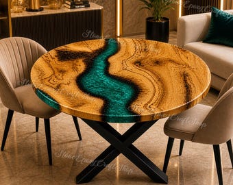 Luxury Round Live Edge River Dining Table, Green Epoxy Resin Table, Olive Wood Breakfast Table, Modern Cafe modern & luxury Furniture