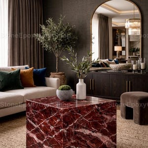 Rosso Levanto Marble Coffee Table Cube Luxury Red Stone Accent Table Rosso Levanto Coffee Table Deep Red Marble Cube Modern Living RoomDecor