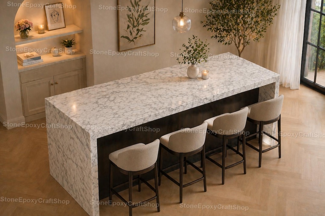 Modern Marble Kitchen Island With Waterfall Edge – Luxury Dining Table ...