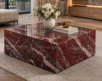 Mesa de centro de mármol rojo, mesa moderna de bloques de piedra, mesa de centro de mármol burdeos minimalista de lujo para sala de estar,