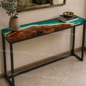 Live Edge Epoxy Resin Console Table Ocean River Design Wood Entryway Table  Console Teal Resin Wood Entryway Modern Rustic Furniture