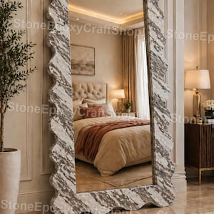 Espejo de pie de lujo con marco de mármol, espejo de cuerpo entero con borde ondulado, decoración para dormitorio, espejo de pared llamativo, espejo de pie de mármol, decoración de lujo para el hogar