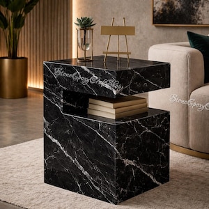 Black Marble Side Table Modern Luxury End Table Storage Shelf Minimalist Living Room Furniture Luxury Marble  Table  Black Stone Side Table