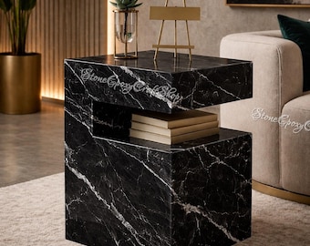 Mesa auxiliar de mármol negro, mesa auxiliar moderna de lujo con estante de almacenamiento, muebles minimalistas para sala de estar, mesa de mármol de lujo, mesa auxiliar de piedra negra.
