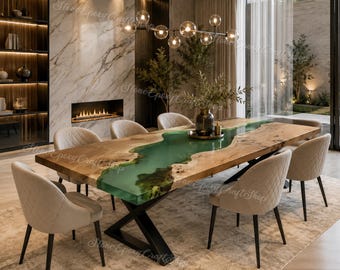 Luxury Green Epoxy River Dining Table | Live Edge Walnut Wood Table | Custom Resin Dining Room modern & luxury  Furniture