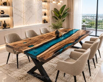 Luxury Live Edge Walnut Epoxy River Dining Table | Custom Blue Resin Wood Table | Modern & luxury Handmade custom Dining Room Furniture