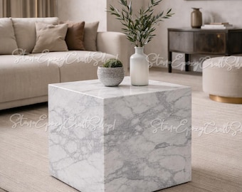 Mesa de centro cúbica de mármol blanco de lujo / Mesa moderna de bloque de piedra maciza Mesa de centro minimalista para sala de estar Mesa de centro cúbica de mármol macizo /