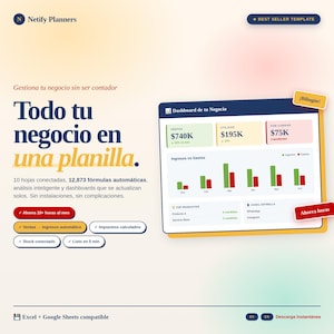 May include: A digital marketing template with a dashboard showing sales, utility, and receivables. The template includes automated formulas, intelligent analysis, and dashboards. The text says "Best Seller Template" and "Save 10+ hours a month."