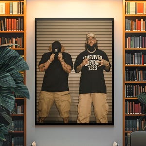 Könnte beinhalten: Ein gerahmter Druck mit zwei Personen in schwarzen T-Shirts und khakifarbenen Shorts. Einer hat eine Mütze, die sein Gesicht verdeckt, der andere trägt eine Mütze und ein Shirt mit der Aufschrift "I Survived Greyday 2023". Der Hintergrund ist eine graue Wand.