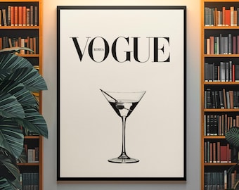 Estetyczny plakat VOGUE z drinkiem Martini | Ponadczasowy, dziewczęcy, modny uchwyt ścienny | Minimalistyczny, nowoczesny wystrój domu | Prezent dla nastolatków