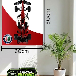 May include: A rectangular wall poster featuring a top-down view of a red and white Alfa Romeo F1 Team race car. The poster includes the Alfa Romeo logo and text, with black dimension lines indicating a height of 80cm and a width of 60cm.