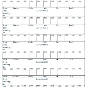 May include: A white medical form with multiple sections for patient information, including room number, name, code, and assessment details. Time slots from 0700 to 1800 are listed for various medical procedures.