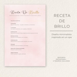 May include: A pink and white spa-themed printable with the title "Receta De Brillo" in elegant script. The design includes a list of ingredients for a facial, and the text "Descarga Instantánea - 5 Tamaños Incluidos".