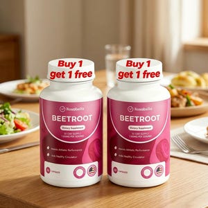 May include: Two bottles of Rosabella Beetroot dietary supplement are displayed on a wooden table. The bottles are white with a pink label and the text "BEETROOT" is prominently displayed. The text "Buy 1 get 1 free" is on the top of each bottle. Plates of food are in the background.