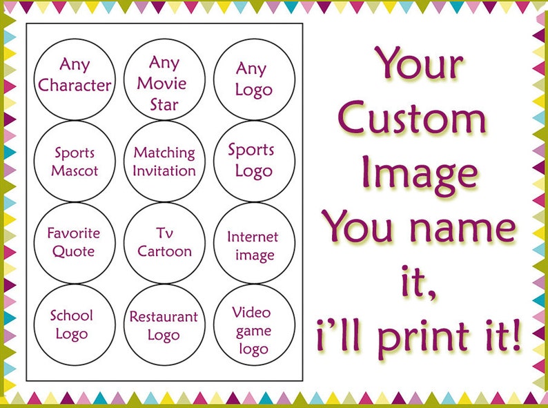 Custom Edible cookie toppers cupcake tops party decoration birthday tranfers 1 dozen wafer paper photo image