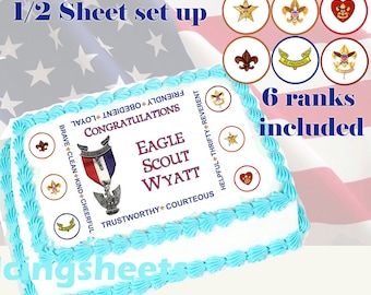 Eagle Scout Boy Scout ranks Edible icing custom cake  transfer decal  decorations frosting top 1/2 sheet set up