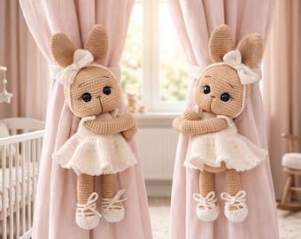 Crochet Bunny Curtain Tiebacks, Handmade Amigurumi Rabbit, Personalized Baby Nursery Decor