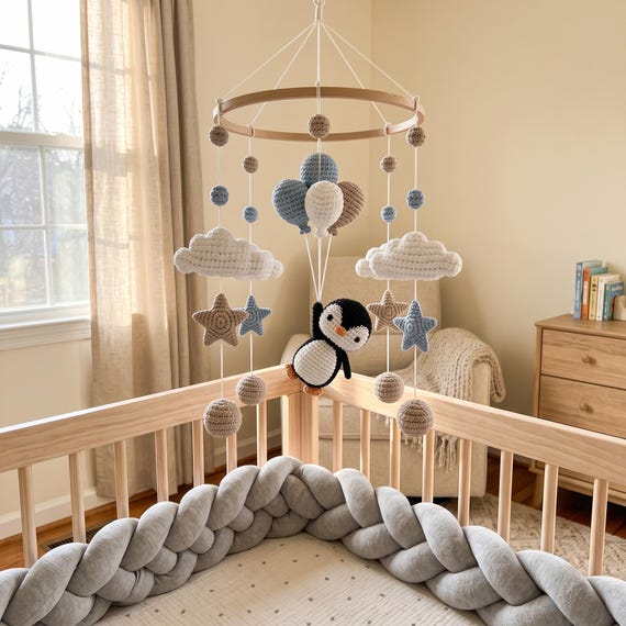 Crochet Baby Mobile with Penguins, Clouds and Stars, Handmade Crib Nursery Decor