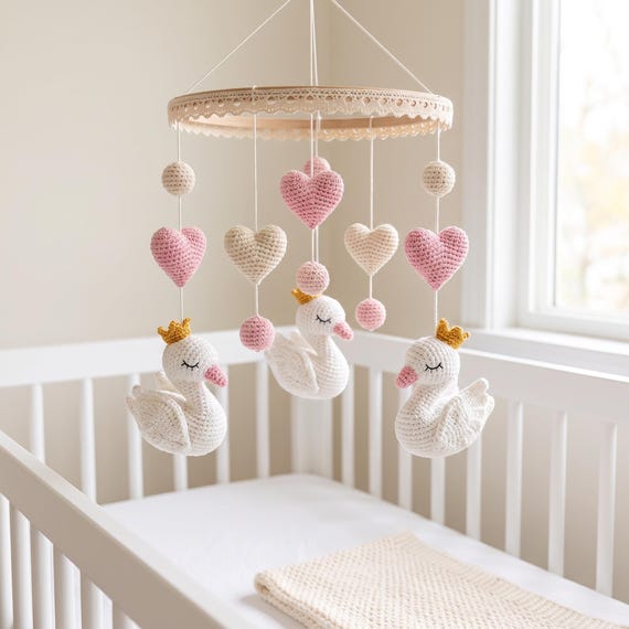 Crochet Swan Baby Mobile with Hearts, Pink Girl Nursery Decor