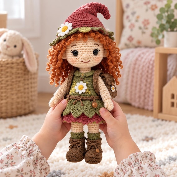 Christmas Elf Girl Doll, Crochet Woodland Fairy, Handmade Holiday Keepsake