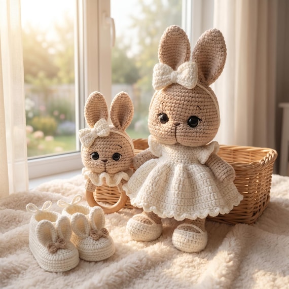 Crochet Bunny Gift Set, Handmade Amigurumi Rabbit, Baby Booties, Nursery Decor
