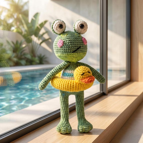 Handmade Crochet Frog Plush Toy with Swim Ring, Woodland Nursery Decor, Gift for Kids