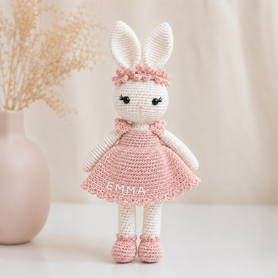 Personalized Crochet Bunny Plush Doll,Removable Dress Rabbit,Custom Name Baby Girl Gift