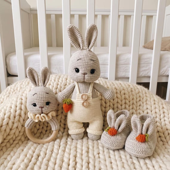 Bunny Baby Gift Set, Crochet Rattle and Booties, Gender Neutral Newborn Keepsake