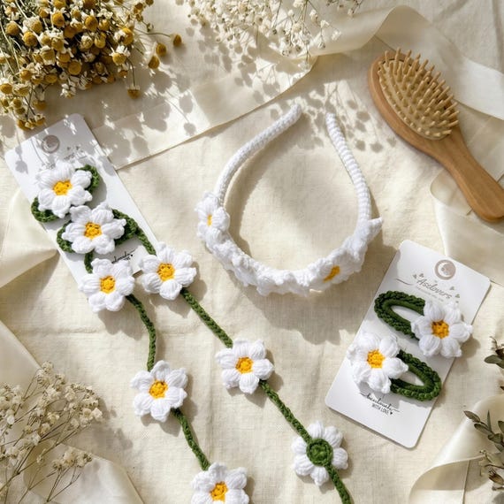 Daisy Crochet Hair Accessory Set, Floral Headband Clips- Girl Baby Shower Gift
