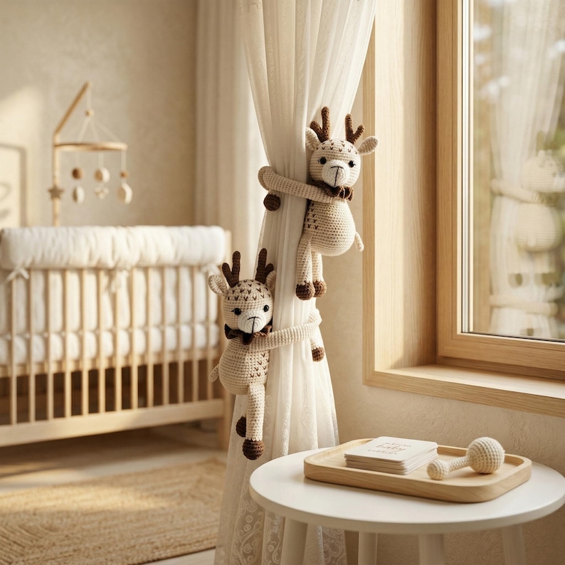May include: Two cream and brown crocheted deer-shaped curtain tiebacks featuring long arms that wrap around a sheer white curtain. Each deer has embroidered facial features, small antlers, and a dark brown bow tie around its neck.