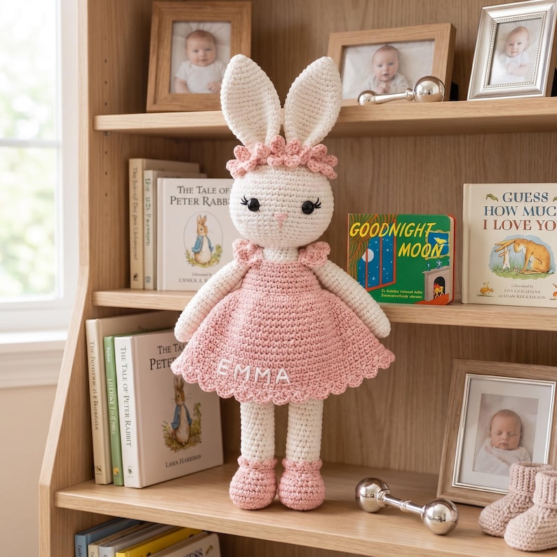 K&ouml;nnte beinhalten: Geh&auml;kelte H&auml;schen-Puppe in Wei&szlig; und Rosa, mit einem rosa Kleid mit dem gestickten Namen "EMMA". Die Puppe hat lange Ohren, ein Blumenstirnband und passende Schuhe. Sie steht auf einem Holzregal mit B&uuml;chern und gerahmten Fotos.