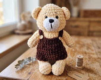 Crochet Teddy Bear in Overalls, Handmade Amigurumi Plush Stuffed Animal, Personalized Baby Gift