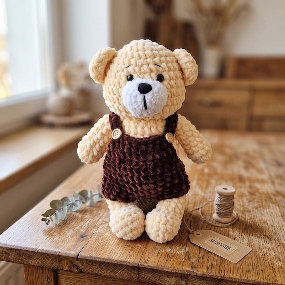 Crochet Teddy Bear in Overalls, Handmade Amigurumi Plush Stuffed Animal, Personalized Baby Gift