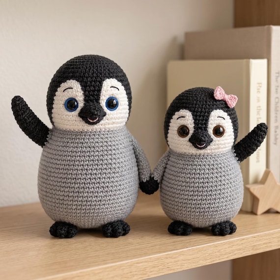 Crochet Penguin Couple, Cotton Stuffed Animal Set, Custom Eye Color, Baby Shower Gift