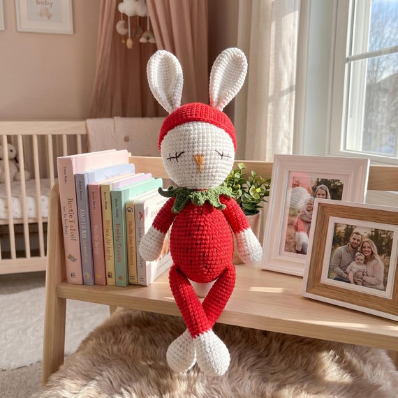 Crochet Strawberry Bunny, Handmade Rabbit Plush - Nursery Decor Baby Gift