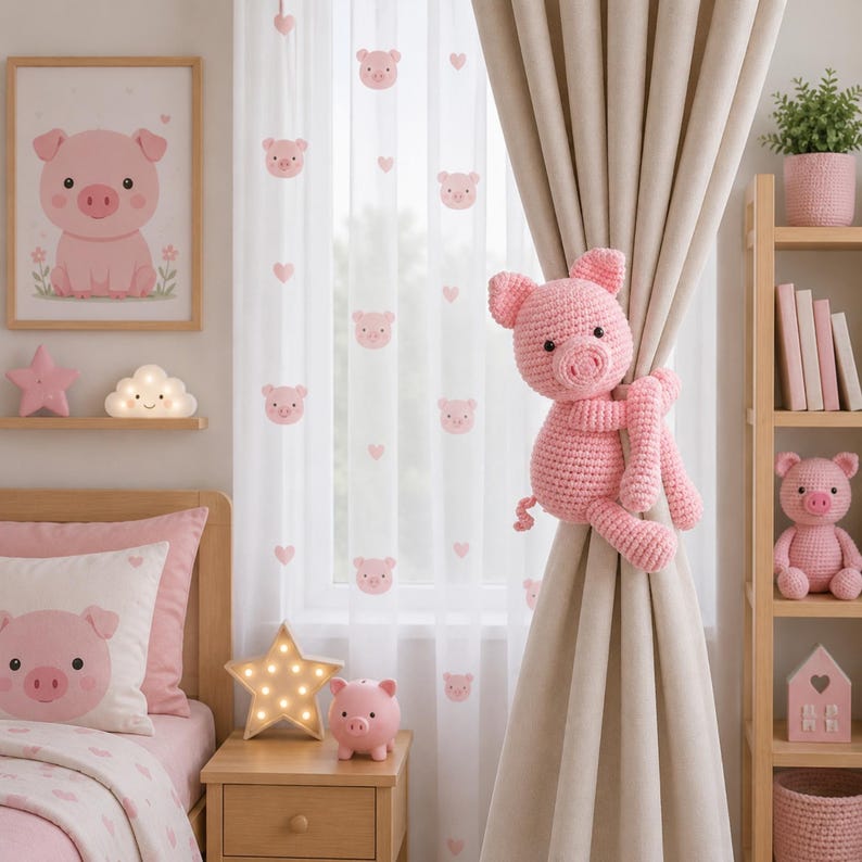 May include: A pink crocheted pig curtain tieback featuring a round head, pointed ears, and a curled tail, designed to hold back a beige curtain. The pig has a textured yarn surface and dark eyes, providing a functional and decorative accent.