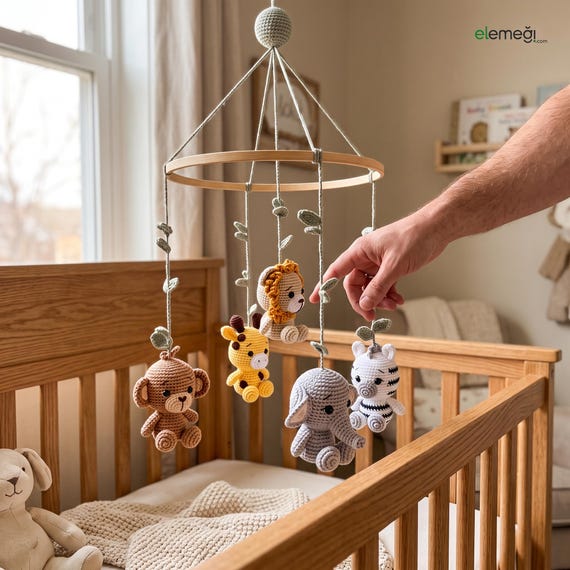 Crochet Baby Mobile with Safari Animals, Handmade Crib Nursery Decor, Jungle Theme