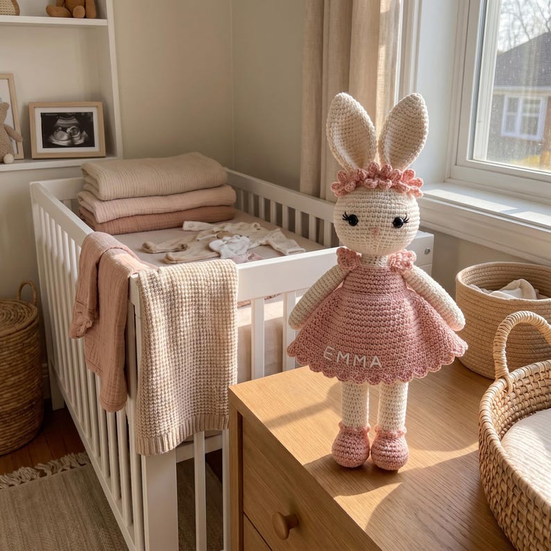 K&ouml;nnte beinhalten: Eine handgefertigte H&auml;kelkaninchenpuppe in einem rosa Kleid mit dem Namen "EMMA" aufgestickt. Die Puppe hat lange Ohren und steht auf einer Holzoberfl&auml;che. Im Hintergrund sind ein Kinderbett, Decken und ein Fenster zu sehen.