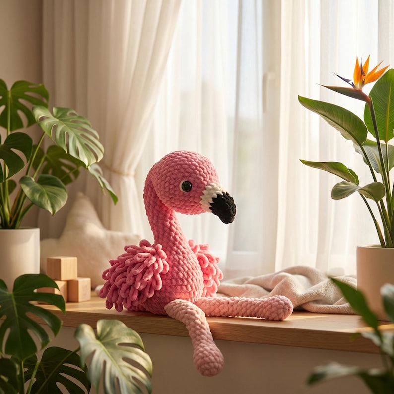 Crochet flamingo plush sitting on nursery window shelf with natural sunlight