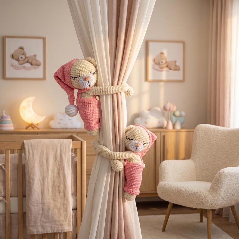 May include: Two cream-coloured crocheted teddy bears with closed eyes, each wearing a pink nightcap and pink overalls. The bears are positioned to hold onto a set of light-coloured curtains, with one bear placed higher than the other on the fabric.