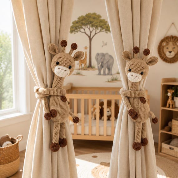 Crochet Giraffe Curtain Tieback Set of 2, Safari Nursery Decor, Handmade Baby Animal Holdback
