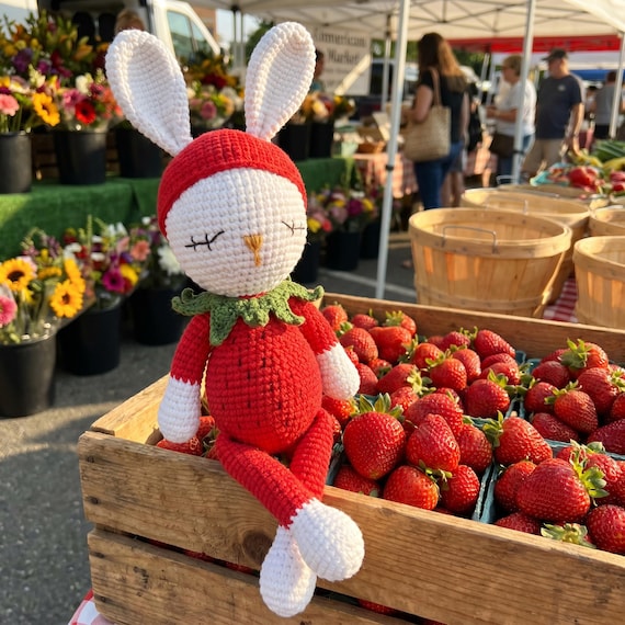 Crochet Strawberry Bunny, Handmade Rabbit Plush - Nursery Decor Baby Gift
