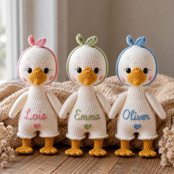 Crochet Duck Plush, Personalized Baby Gift - Handmade Nursery Decor
