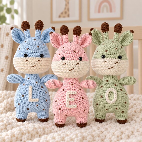 Monogram İşlemeli Özel Zürafa Peluşu, El Yapımı Amigurumi Hayvan, Kişiselleştirilmiş Hatıra Oyuncağı