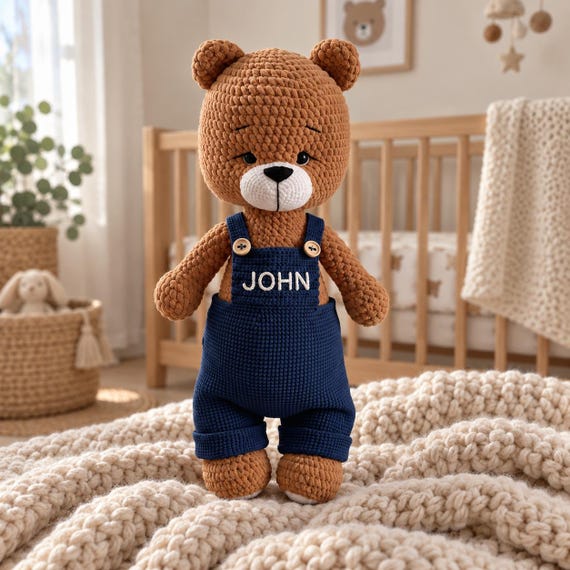 Personalized Crochet Teddy Bear: Custom Name Amigurumi Animal, Handmade Nursery Decor