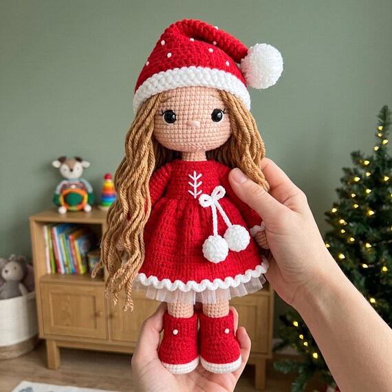 Christmas Girl Doll in Santa Hat, Crochet Red Cape Outfit, Handmade Holiday Toy Gift
