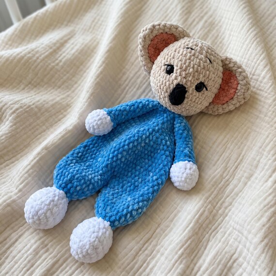 Koala Lovey with Name Embroidery, Personalized Crochet Snuggler, Custom Baby Comforter